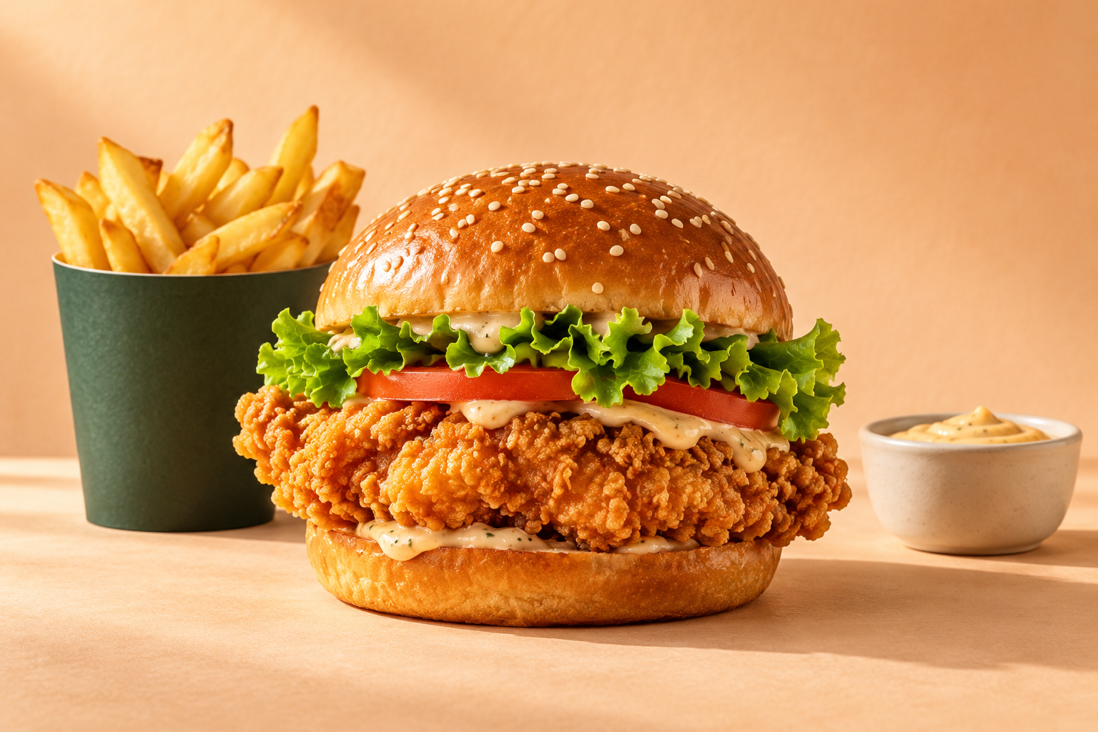 Concept image of a crispy chicken burger with golden fries